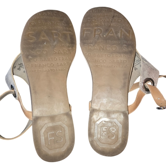 Franco Sarto Grip Women's Gray Metallic Suede & Tan Leather Thong Sandals Size 9 - Picture 7 of 11